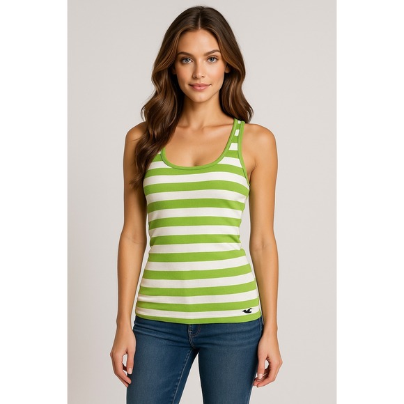 Hollister Tops - Y2K Hollister Tank Top Women L Green White Striped Knit Ribbed Racerback Stretch